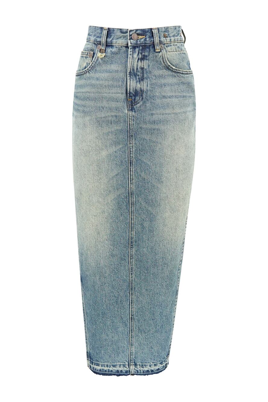R13 Light Wash Japanese Denim Maxi Pencil Skirt with Side Slit